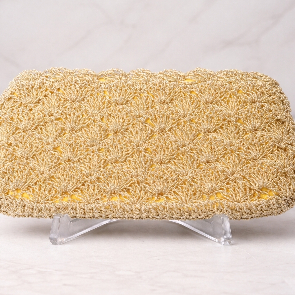Vintage Gold Beaded Crochet Clutch Wallet Yellow Satin Lined Made in Hong Kong